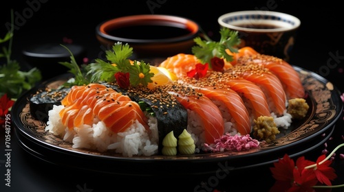 Nigiri sushi, sushi rolls and sashimi served on a traditional Japanese Sushioke round plate.