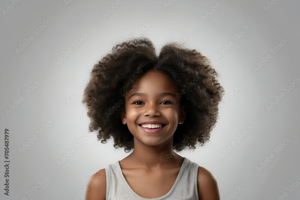 Studio portrait of a young black girl with a big curly afro hairstyle smiling at the camera. Beauty and skincare image. dental advertisement. Web design banner. - obrazy, fototapety, plakaty 