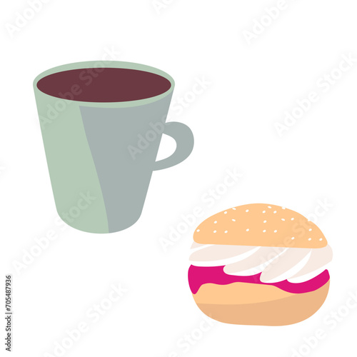 Shrovetide buns clip art. Semla Buns with whipped cream and raspberry jam.