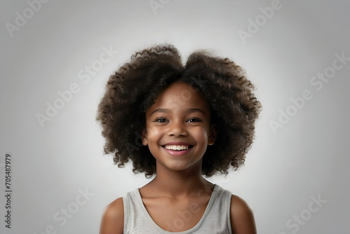 Studio portrait of a young black girl with a big curly afro hairstyle smiling at the camera. Beauty and skincare image. dental advertisement. Web design banner. photo