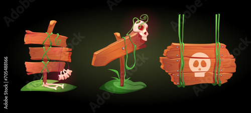 Wooden sign board with jungle liana vines, bones and skull on green grass or moss islands. Cartoon set of danger rain forest wood frames and banners for signage and title text for game ui design.