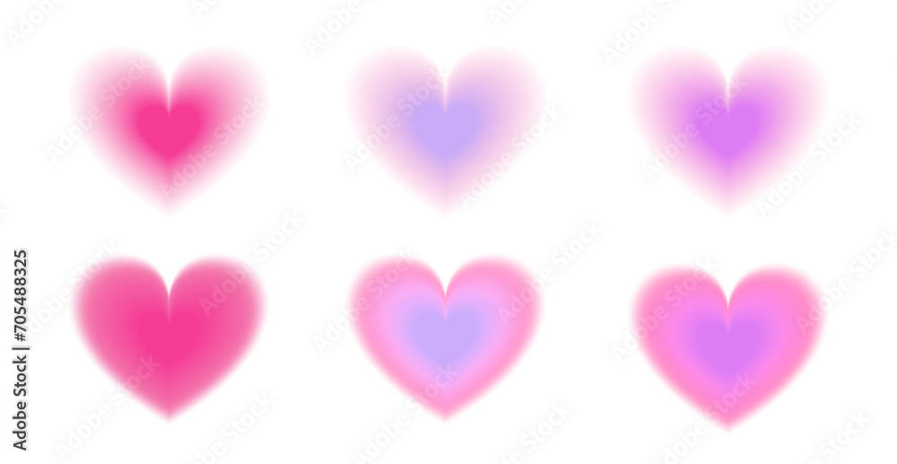 Set of blurred hearts in pink and lilac colors. Bright shapes for y2k design. Elements for Valentine's Day card