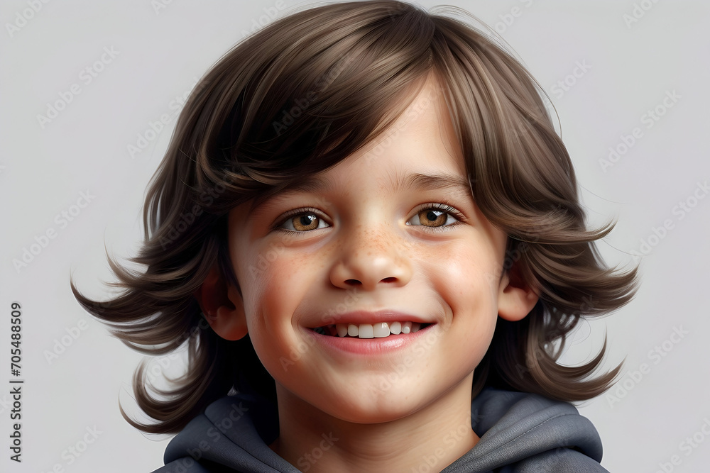 Fototapeta premium Studio portrait of a cute boy with long dark hair smiling at the camera.
