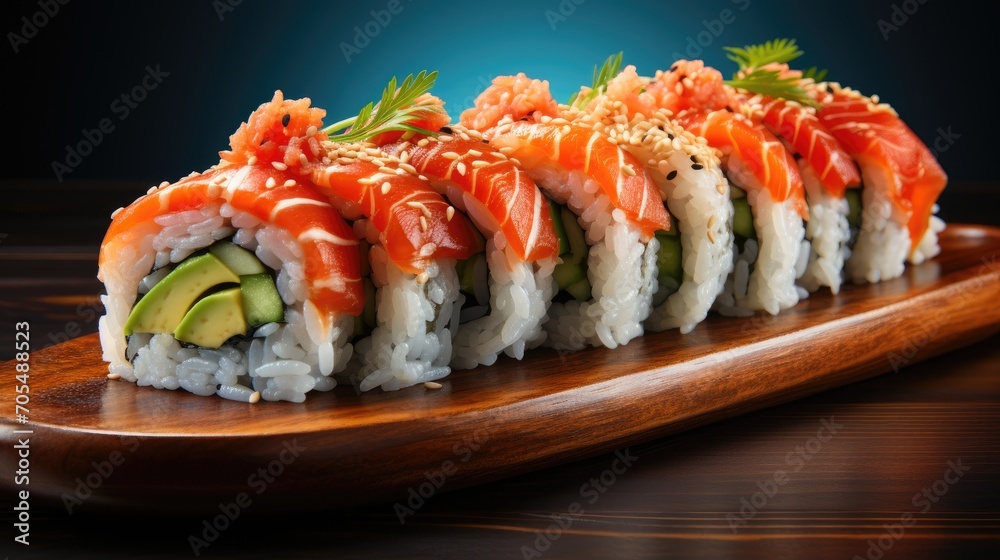 Delicious Japanese Futomaki sushi roll with fresh salmon and avocado