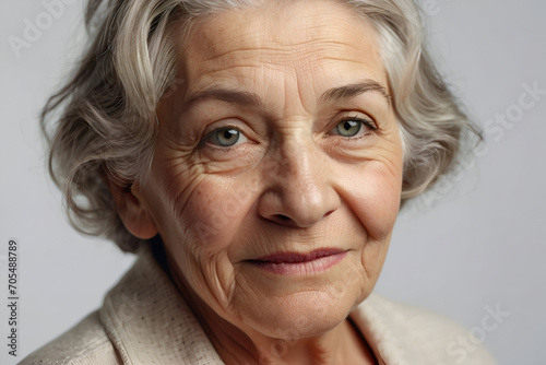 Close-up of a grey-haired elderly woman. Studio portrait. 