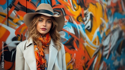 Stylish fashion woman against a graffiti-covered wall