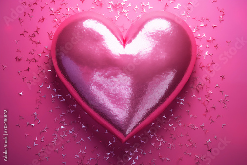 Bright magenta pink Valentine's day background - metallic 3d heart, silver confetti. Valentine's Day celebration, love and romance backdrop. Lovecore, banner, flyer with copy space