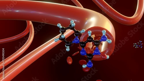 3d animation of Minoxidil molecules  directly affect blood vessel. minoxidil's action of relaxing blood vessels facilitates easier blood flow, thereby lowering blood pressure. photo