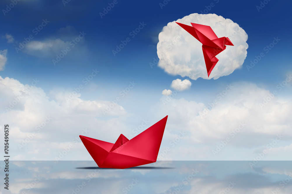 Ταπετσαρία Dreaming Of Change and success Visualization as a symbol of ambition or dream concept to innovate and invent representing business growth and transformation as a paper boat and origami bird flying