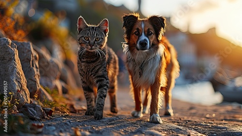 Furry Friends Dog Cat Walk Amicably, Desktop Wallpaper Backgrounds, Background HD For Designer photo