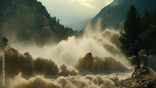 Dramatic footage captures the intense power of a flash flood as it races down a mountain canyon, engulfing everything in its way. photo
