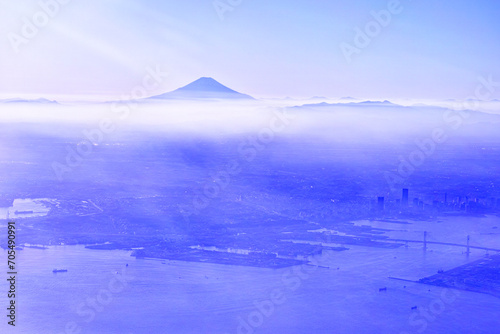 航空機の機内から見た横浜市中区エリアと富士山
