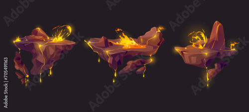 Floating islands of rocky land with hot orange lava liquid with splashes and bubbles eruption and spread. Game cartoon vector illustration set of flying pieces of ground for gui jump and level map.