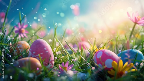 A beautiful Easter background featuring colorful eggs on a pastel palette, adorned with enchanting light effects and a subtle blur, copy space