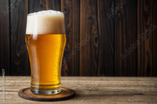 Beer mug close-up on dark brown wooden background. Generative AI..
