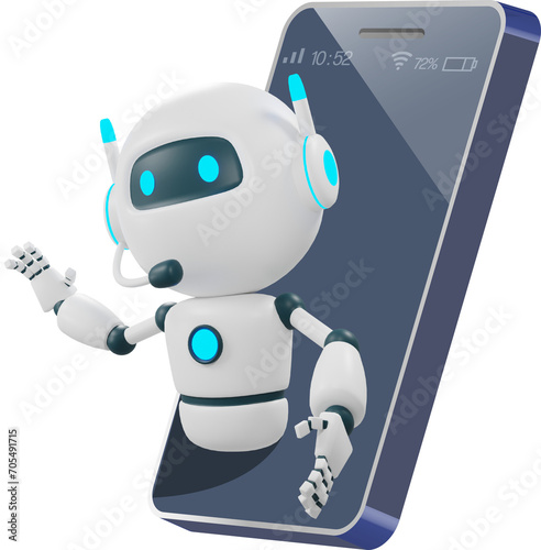 AI chat bot on smartphone screen. Artificial intelligence smart robot technology. 3D rendering cartoon character.	
