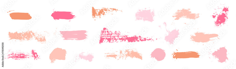 Lipstick vector makeup smudge strokes. Nude and pink paint texture set. Female fashion brushstroke scribbles. Messy dirty swatch stains, girl lipstick squiggle marks. Lady make-up swatch collection - obrazy, fototapety, plakaty 