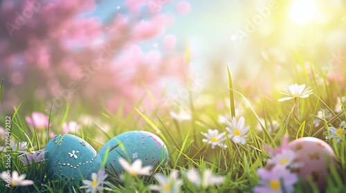 A beautiful Easter background featuring colorful eggs on a pastel palette, adorned with enchanting light effects and a subtle blur, copy space