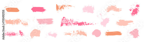 Lipstick vector makeup smudge strokes. Nude and pink paint texture set. Female fashion brushstroke scribbles. Messy dirty swatch stains, girl lipstick squiggle marks. Lady make-up swatch collection