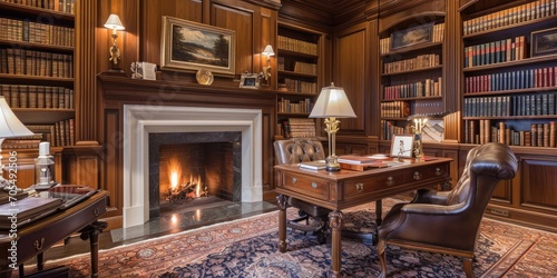 raditional study with rich mahogany paneling, a classic writing desk, and a leather armchair. Old-world charm with a fireplace and vintage books. 