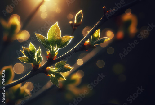 A branch with closed buds of spring trees, small leaves. Blurred background with highlights. photo