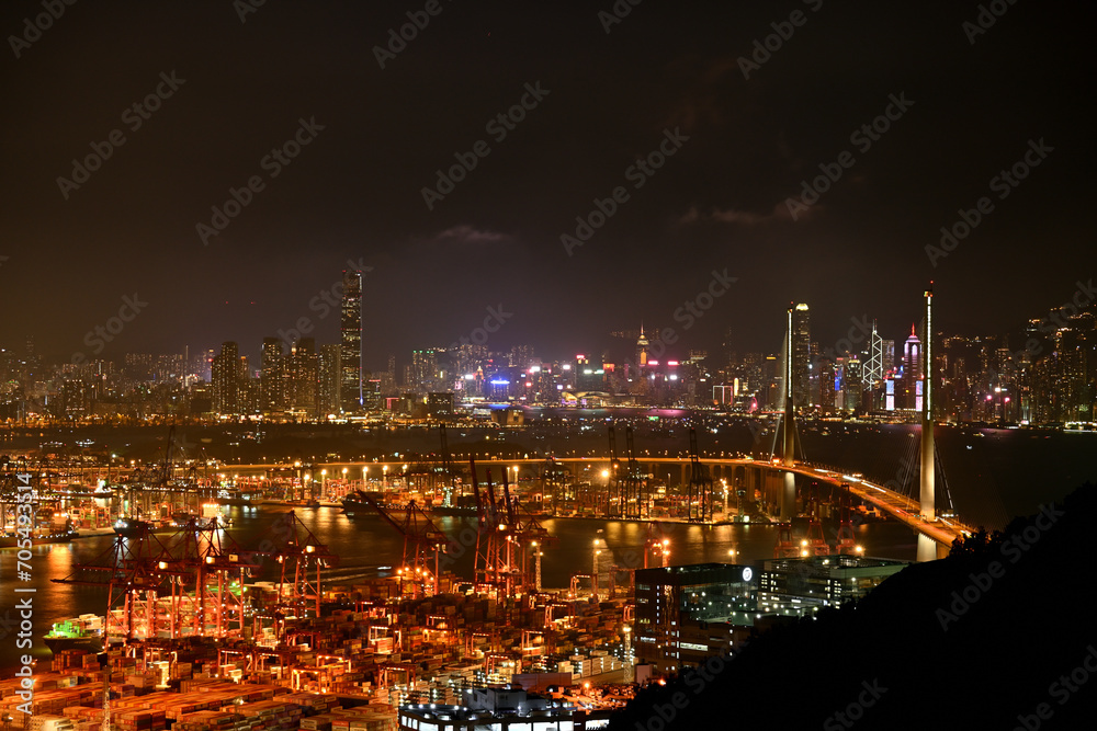 Container terminal & Stonecutters' Bridge & Victoria Harbour in Hong Kong