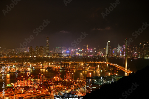Container terminal & Stonecutters' Bridge & Victoria Harbour in Hong Kong