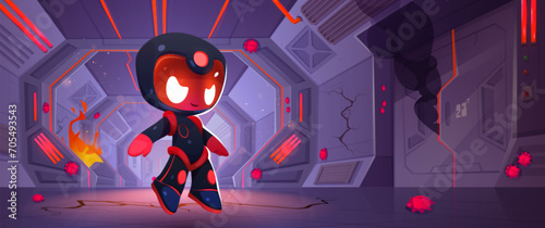 Evil robot in space ship with fire and flame. Vector cartoon illustration of astronaut character with angry face, red bugs on cracked walls, malware danger, hacker attack, cyber security threat