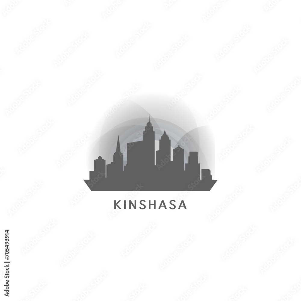 Kinshasa cityscape skyline city panorama vector flat logo, modern icon. Democratic Republic of the Congo emblem idea with landmarks and building silhouettes, isolated clipart at sunset, sunrise, night