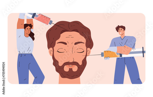 Cosmetology, anti-aging facial skin care, vector bearded man getting procedure from syringe of beauty lifting injections