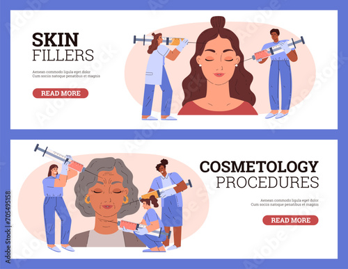 Beauty Injections with skin fillers cosmetology, banners vector illustrations.