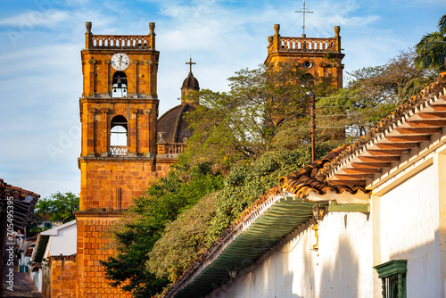 Parish Church of the Immaculate Conception in Barichara, Santander department Colombia. The church's towering bell tower and beautiful windows make it a true masterpiece of colonial architecture.