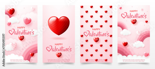 Set of 3d Happy valentine’s day invitation greeting card template. Pink rainbow, sweet heart background for valentine party, poster, online shop, store, sale promotion banner, web, social media post