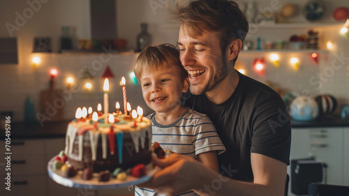 Cheerful cute boy with father holding cake and celebrating birthday, happy birthday concept. father's day, happy new year celebration, result day 