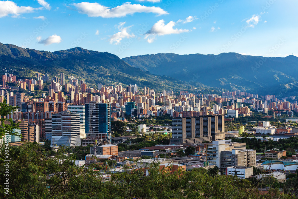Cityscape view of Medellin, second-largest city in Colombia after Bogota. Capital of the Colombian department of Antioquia. Colombia - obrazy, fototapety, plakaty 