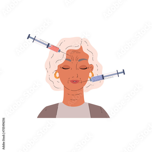 Mature woman doing beauty face injections for reducing wrinkles.