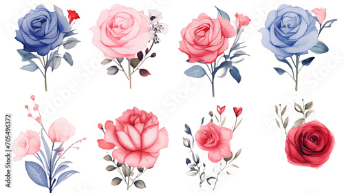 Watercolor elements pink  red and blue roses on a white background