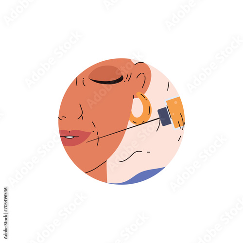 Woman getting procedure of facial beauty injection for skin rejuvenation, vector correction downturned mouth, syringe