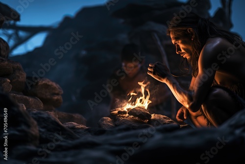 The caveman is getting fire in the cave. photo