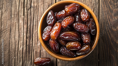 dried date fruit in bowl on wooden table background. Made with generative ai