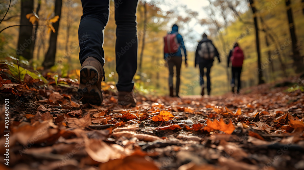 Group of tourists walking along the path of the autumn forest. Low angle shot Group of tourists walking along the path of the autumn forest. Low angle shot