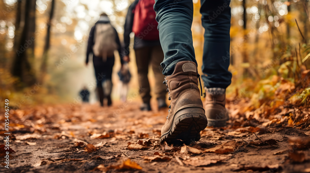 Group of tourists walking along the path of the autumn forest Group of tourists walking along the path of the autumn forest