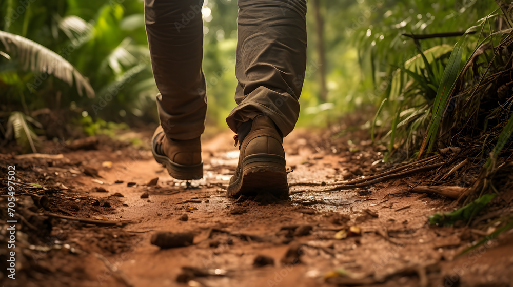  Man walks along the jungle trail, close-up of feet