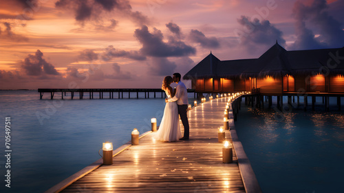 Photo Newly married couple enjoying a romantic honeymoon in the maldives