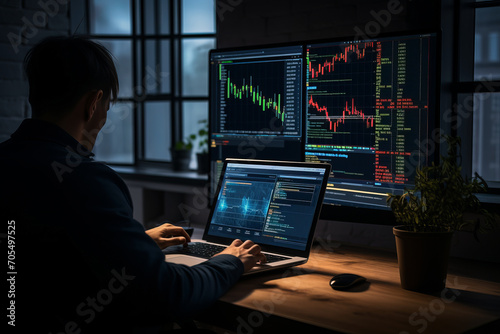 Man surrounded by screens with stock market graphs