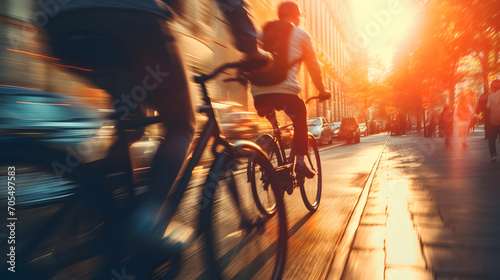 People cycling in the city. Commuting, healthy life style, eco friendly transport. Multiple exposure, motion blur image