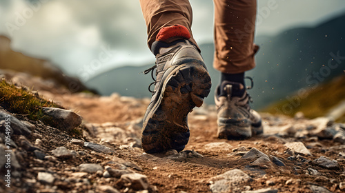 Man trekking on mountains, close-up of feet