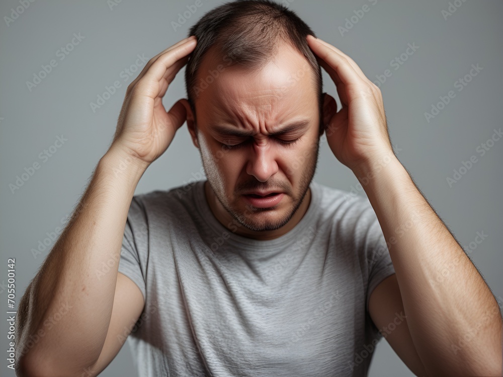 Man with migraine headache holding his head in pain Man with migraine headache holding his head in pain
