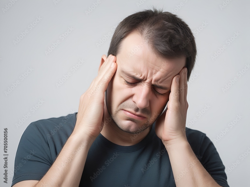 Man with migraine headache holding his head in pain Man with migraine headache holding his head in pain