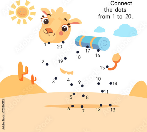 Dot to dot. Connect the dots from 1 to 20. Puzzle game for children. Cute camel in desert. Vector illustration.